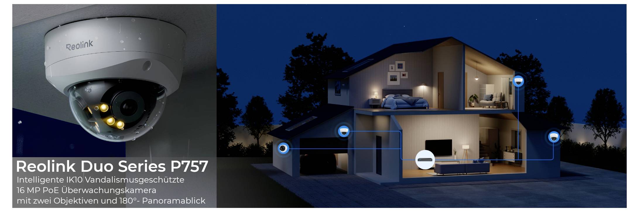 'Reolink Duo Series P757' Überwachungskamera neben beleuchtetem Haus dargestellt. Zeigt Montageorte mit blauen Punkten im Haus.