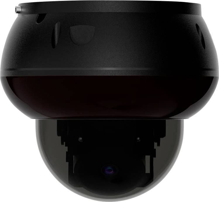 Eine schwarze Kuppel-Sicherheitskamera isoliert auf weißem Hintergrund, die ihre kreisförmige Linse und das Gehäuse zeigt.