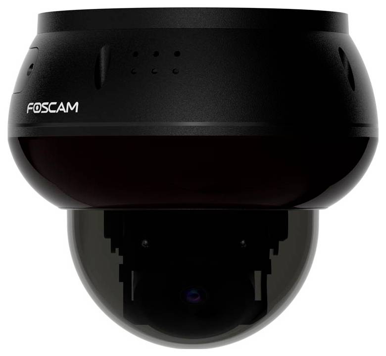 Eine schwarze Foscam-Kuppelsicherheitskamera mit abgerundetem Design, mit sichtbarem Objektiv darunter, geeignet für den Innen- oder Außenbereich.