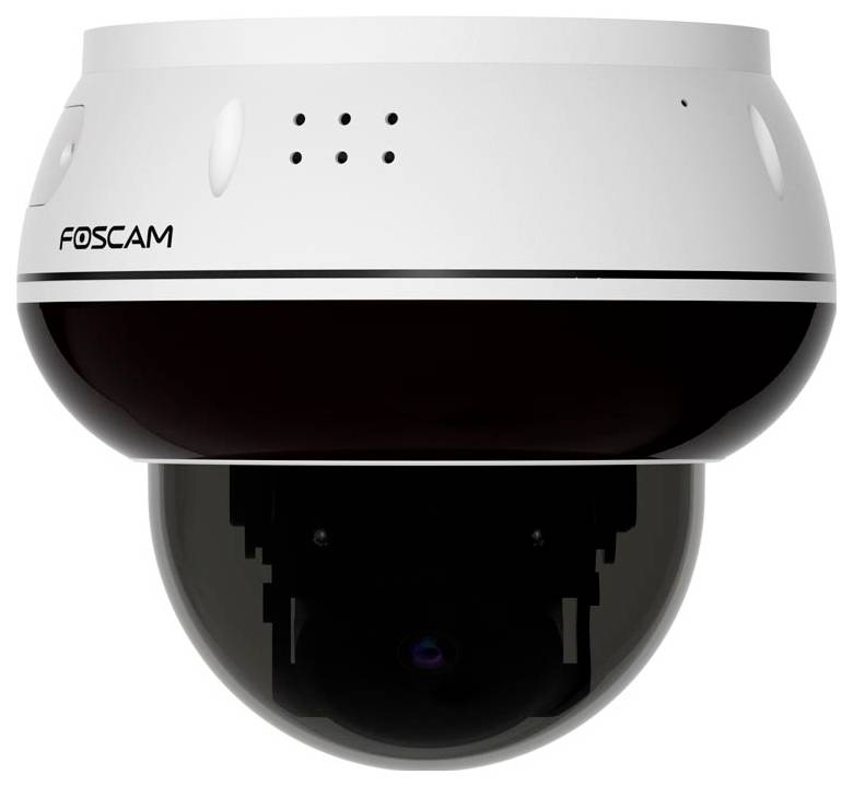 Eine weiße und schwarze Foscam-Überwachungskamera mit Kuppelform, die für Überwachungs- und Sicherheitszwecke im Innen- oder Außenbereich verwendet wird.
