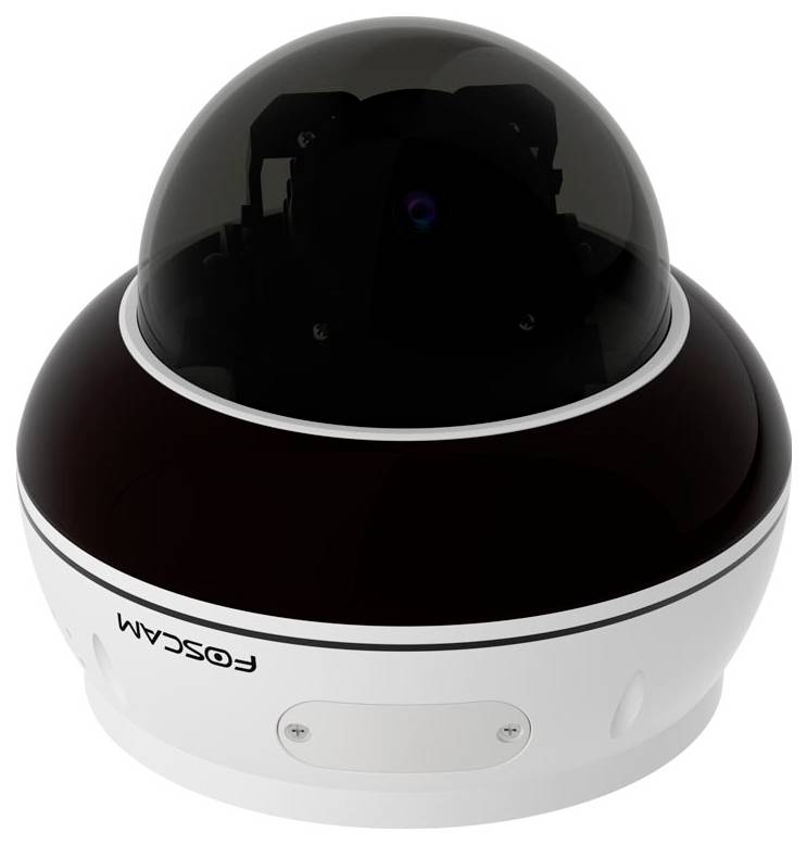 Eine kuppelförmige Überwachungskamera mit dunkel getönter transparenter Abdeckung und 'Foscam'-Branding, entwickelt für die Sicherheitsüberwachung.