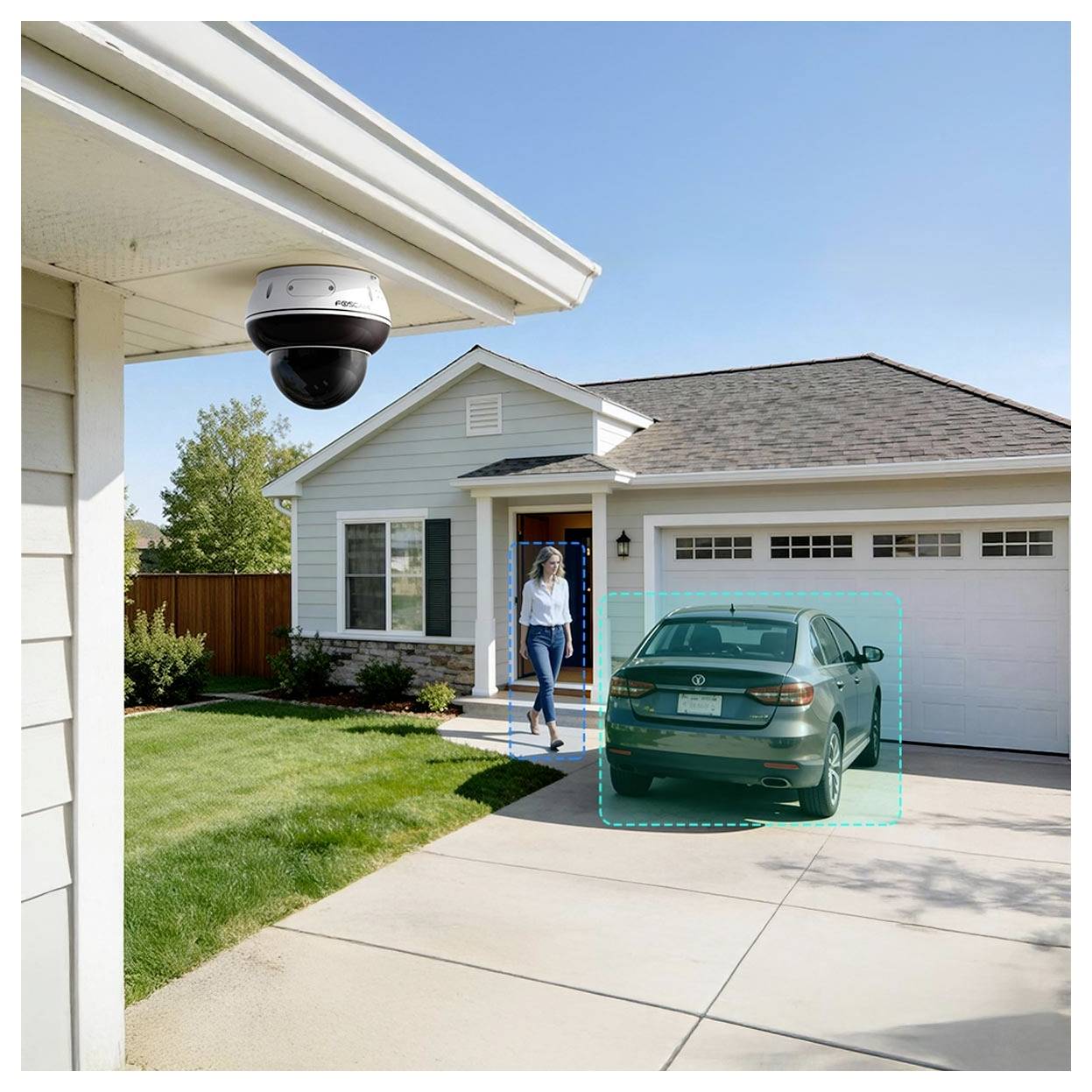 Eine Überwachungskamera überwacht eine Einfahrt, auf der ein Auto geparkt ist. Eine Person geht auf ein Haus mit einer Zweiplatz-Garage in einer Vorortlandschaft zu.