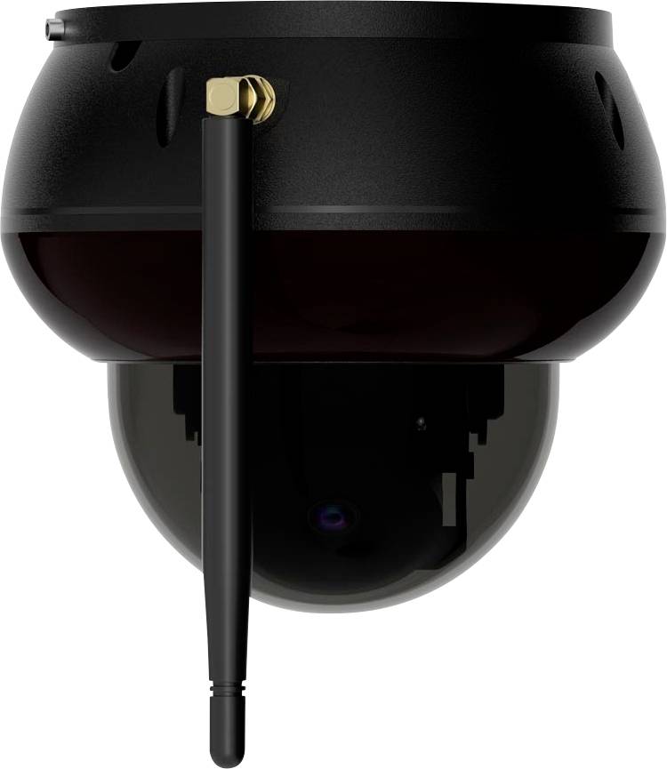 Eine schwarze, runde Sicherheitskamera mit einer Antenne ist auf einer Oberfläche montiert, mit Blickrichtung nach unten, wirkend schlank und modern.