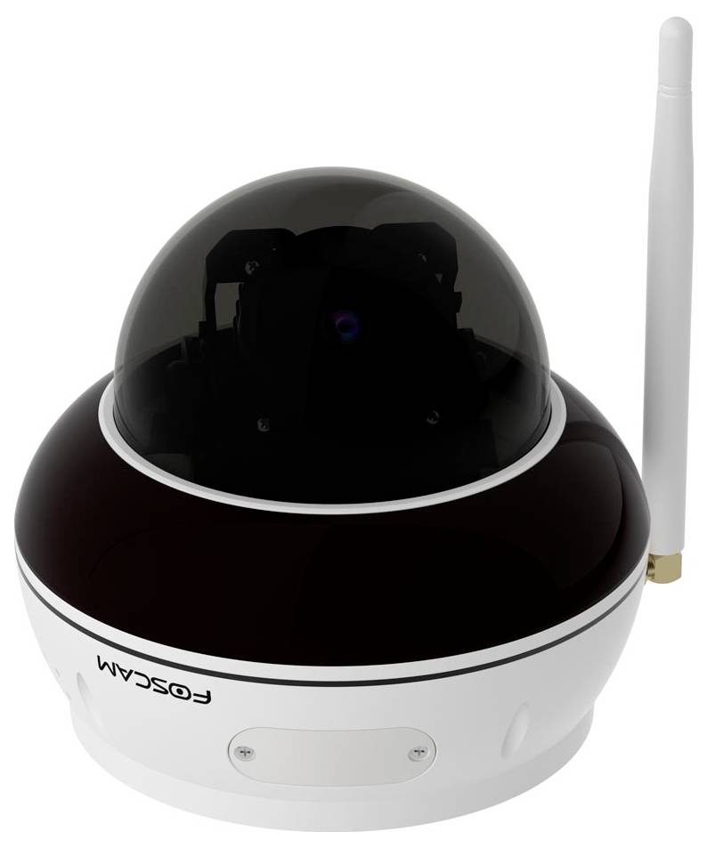 Eine schwarz-weiße Foscam-Überwachungskamera mit einer kuppelförmigen Abdeckung und einer Antenne, die zur Überwachung verwendet wird.
