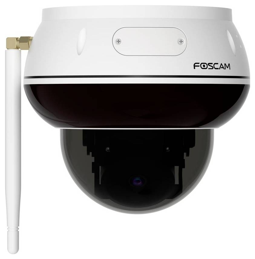 Eine weiß-schwarze Kuppel-Sicherheitskamera mit einer Antenne an der Seite, mit der Marke „Foscam