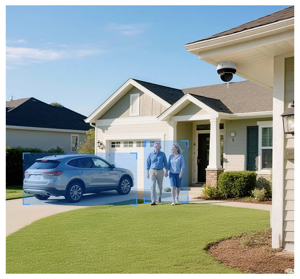 Ein Vorstadtenhaus mit einer Auffahrt, einem geparkten Auto und zwei Personen, die auf den Eingang zugehen. Eine Sicherheitskamera ist am Haus sichtbar.