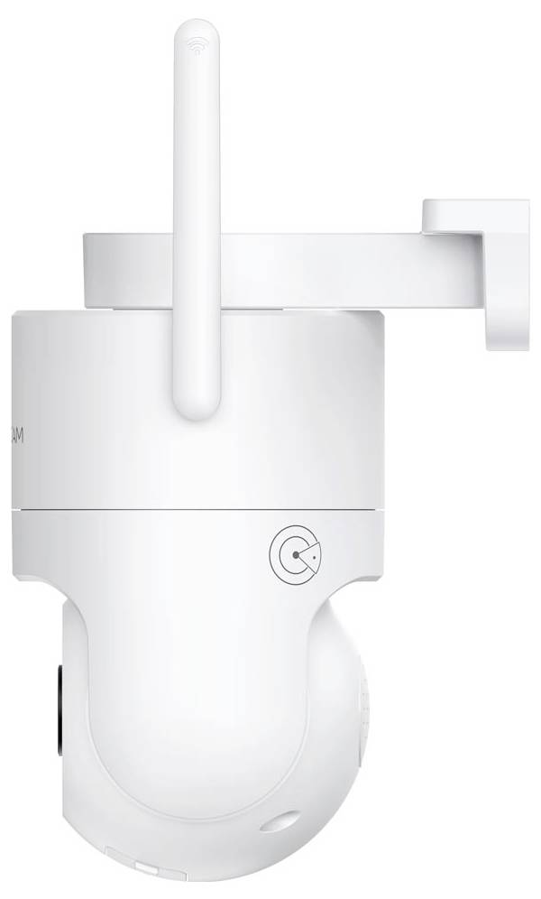 Weiße Überwachungskamera seitlich montiert mit Antenne und verstellbarer Halterung für mögliche Wandmontage.