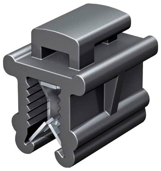 Ein schwarzer Zielfernrohr-Montageadapter mit gerillter Basis zum Anbringen an ein Schienensystem. Konzipiert zum Befestigen von optischen Geräten an Schusswaffen.