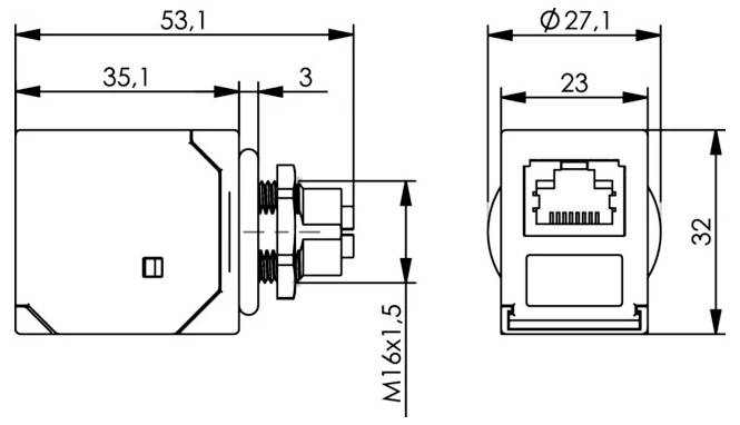Technical line drawing of a cylindrical connector with dimensions, showing side and front views. Key measurements include 53.1, 35.1, Ø27.1, 23, and 32 mm, with M16x1.5 thread.