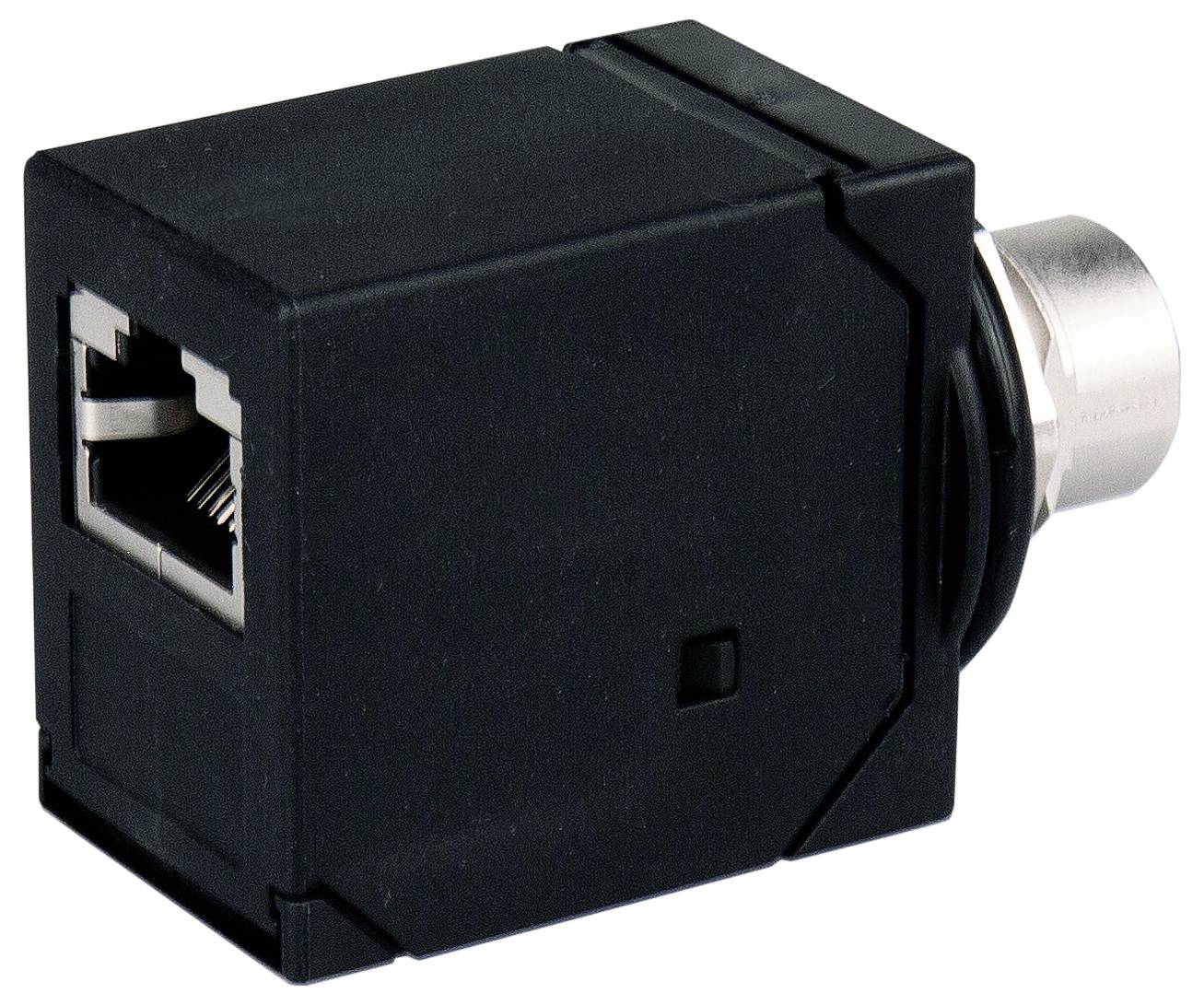 Schwarzer Ethernet-Netzwerkbuchsenadapter mit metallischem Stecker an einem Ende, isoliert auf weißem Hintergrund dargestellt.