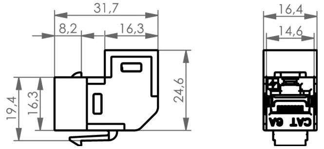 Nahaufnahme eines geschirmten RJ45-Ethernet-Steckerkontakts mit einem schwarz-silbernen Metallgehäuse.