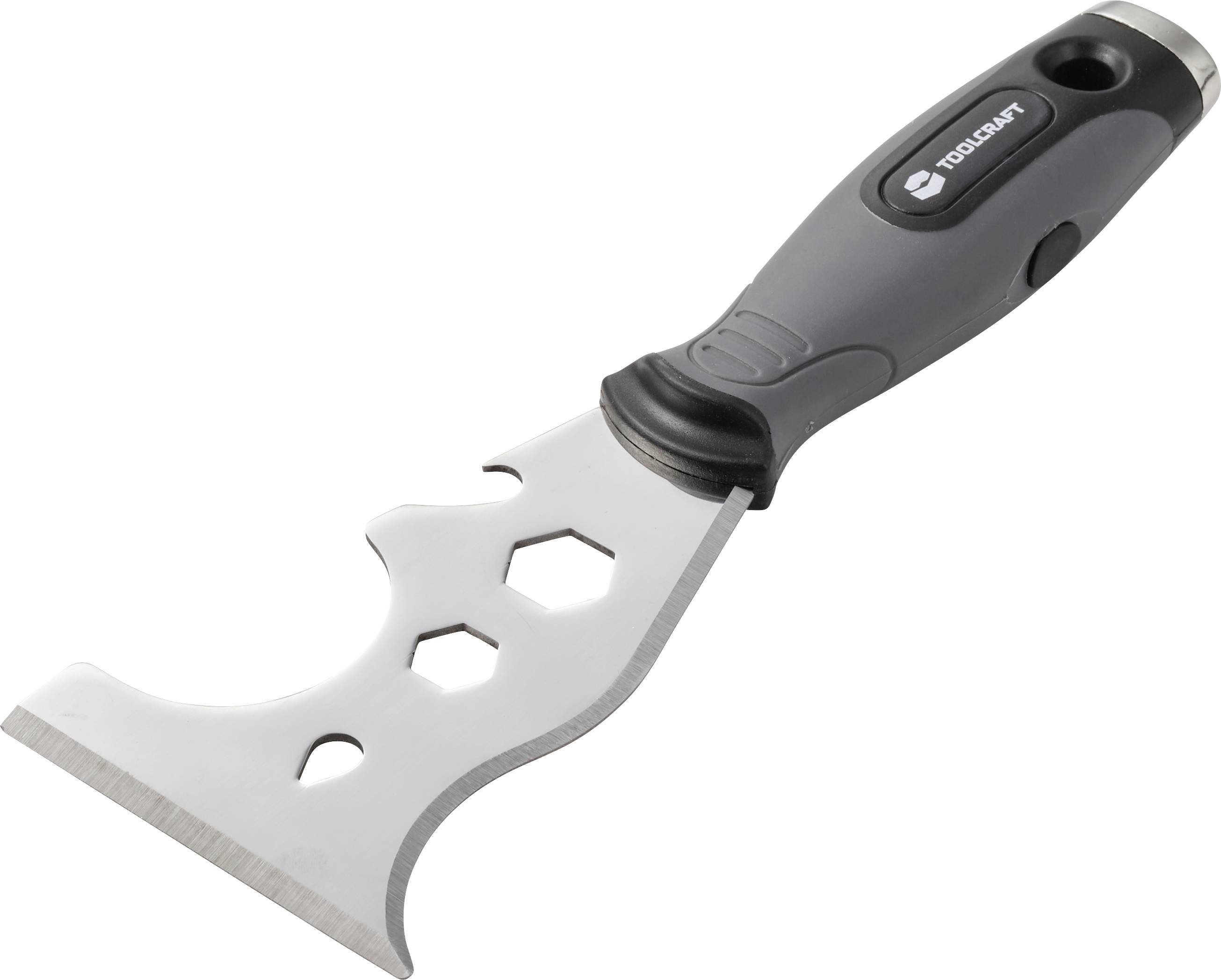 Ein tragbarer Farbschaber mit schwarzem ergonomischem Griff und einer breiten Metallklinge mit mehreren Aussparungen.