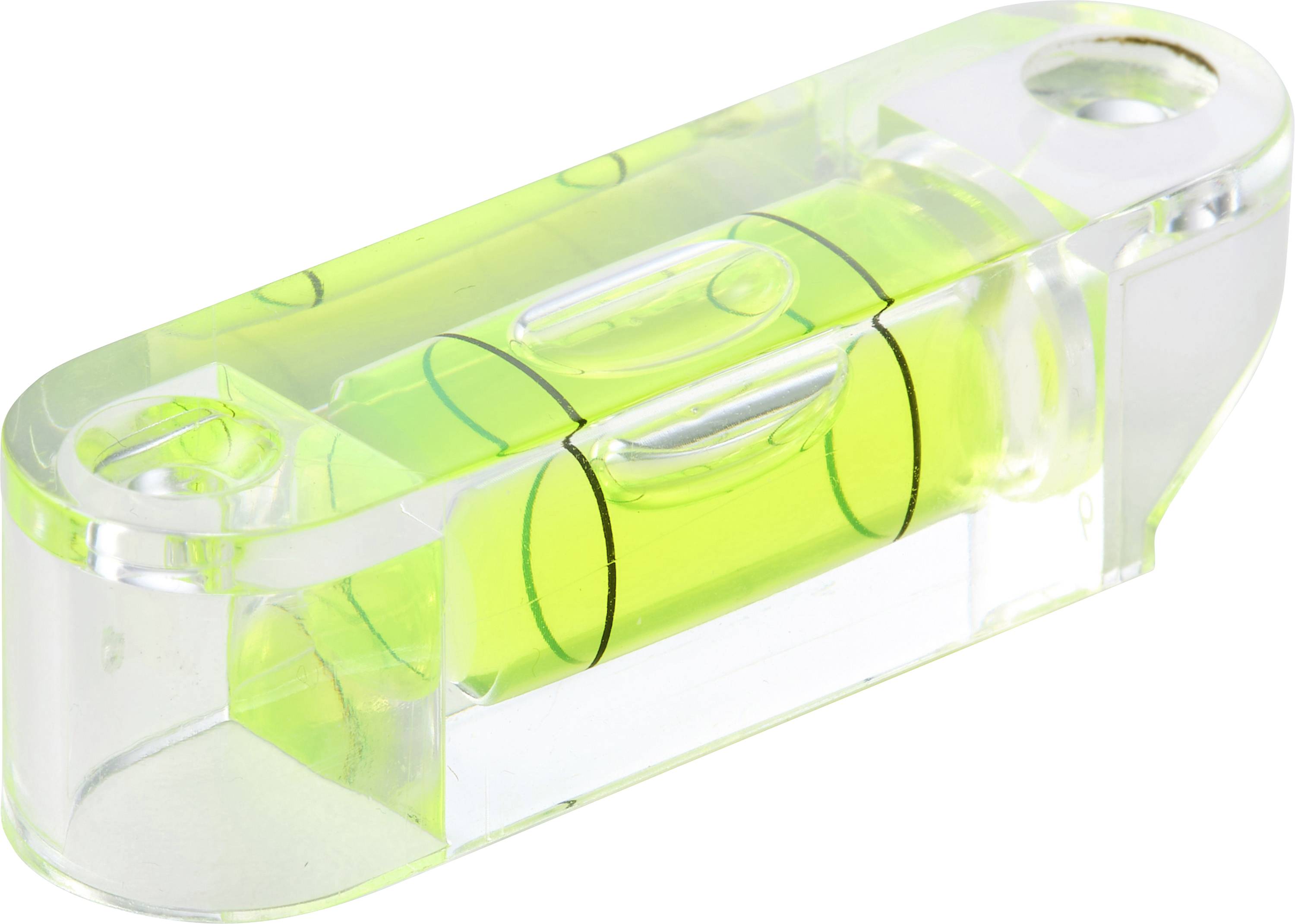 Eine transparente grüne Wasserwaage mit drei Libellen, verwendet um zu überprüfen, ob Oberflächen eben oder lotrecht sind.