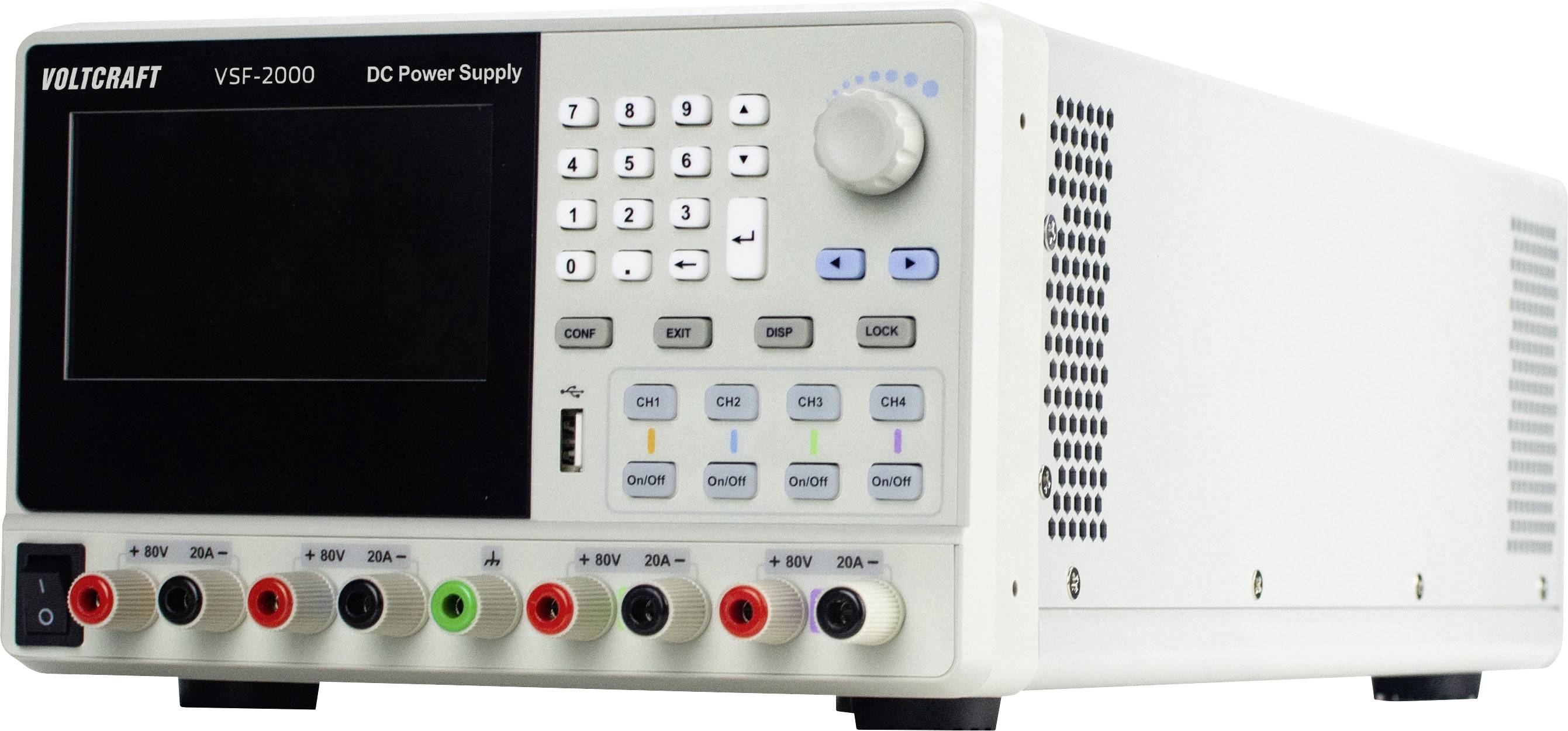 Voltcraft VSF-2000 Gleichstromversorgung mit großem Display, numerischer Tastatur, Regelknopf und mehreren Ausgangsklemmen auf der Frontplatte.