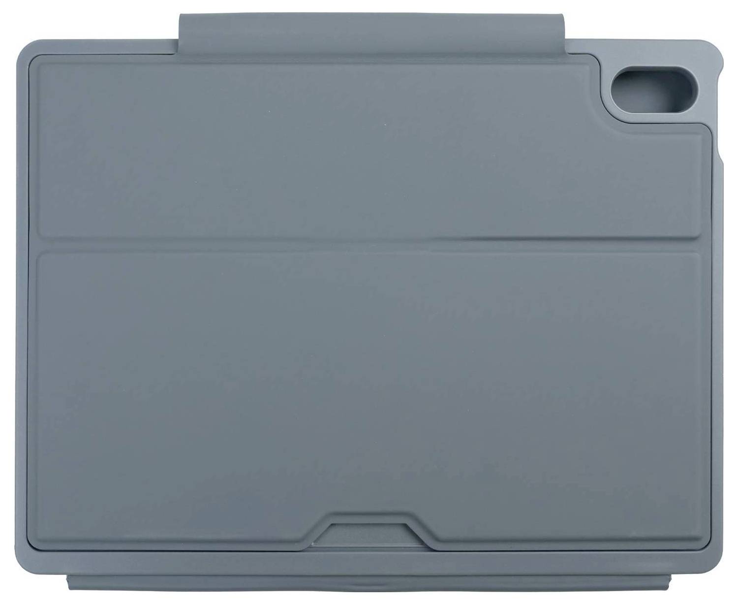 Ein graues Tablet-Etui mit einer Kameraausschnitt in der oberen rechten Ecke, von hinten betrachtet, das sein elegantes Design zeigt.