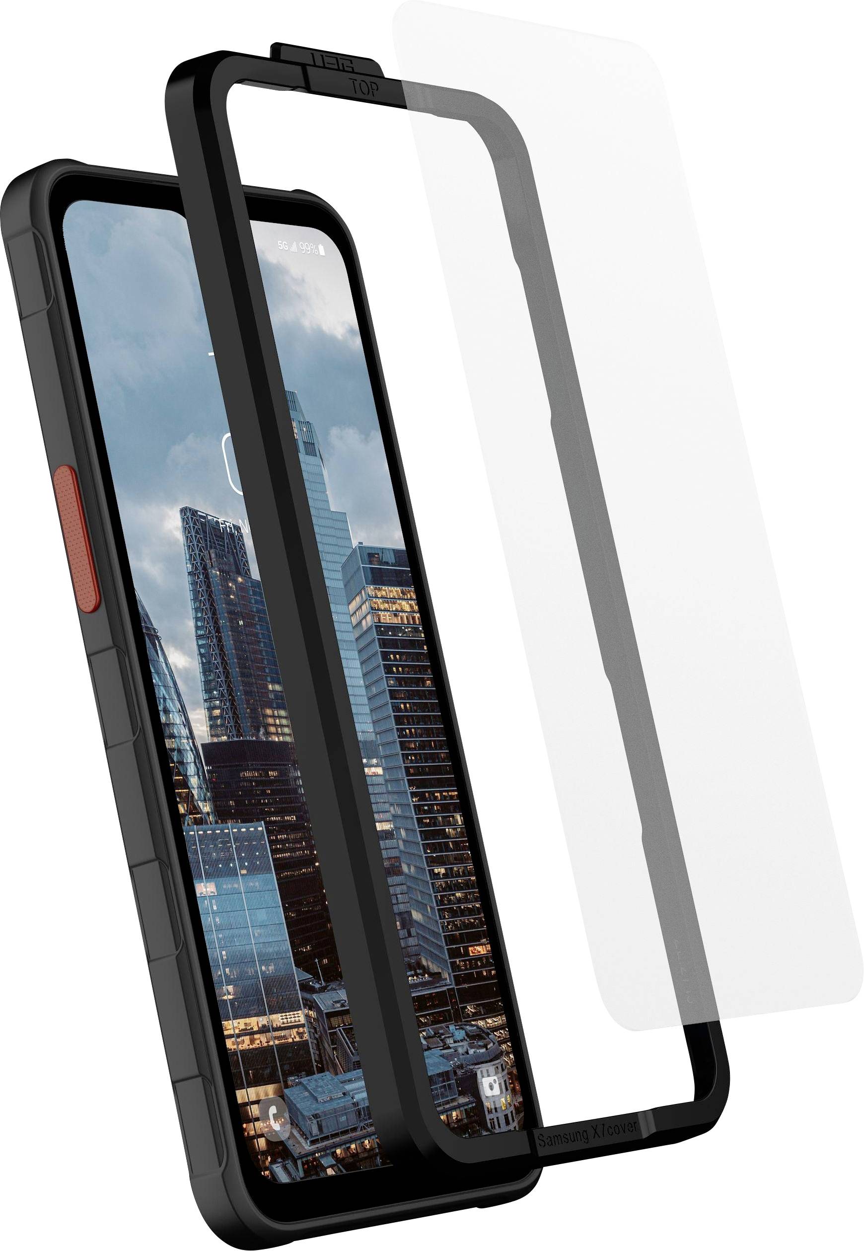 Eine Smartphone-Hülle mit einem Displayschutz im Skyline-Design einer Stadt, konzipiert für Langlebigkeit und Schutz. Mit schwarzem Rahmen und rotem Knopf.
