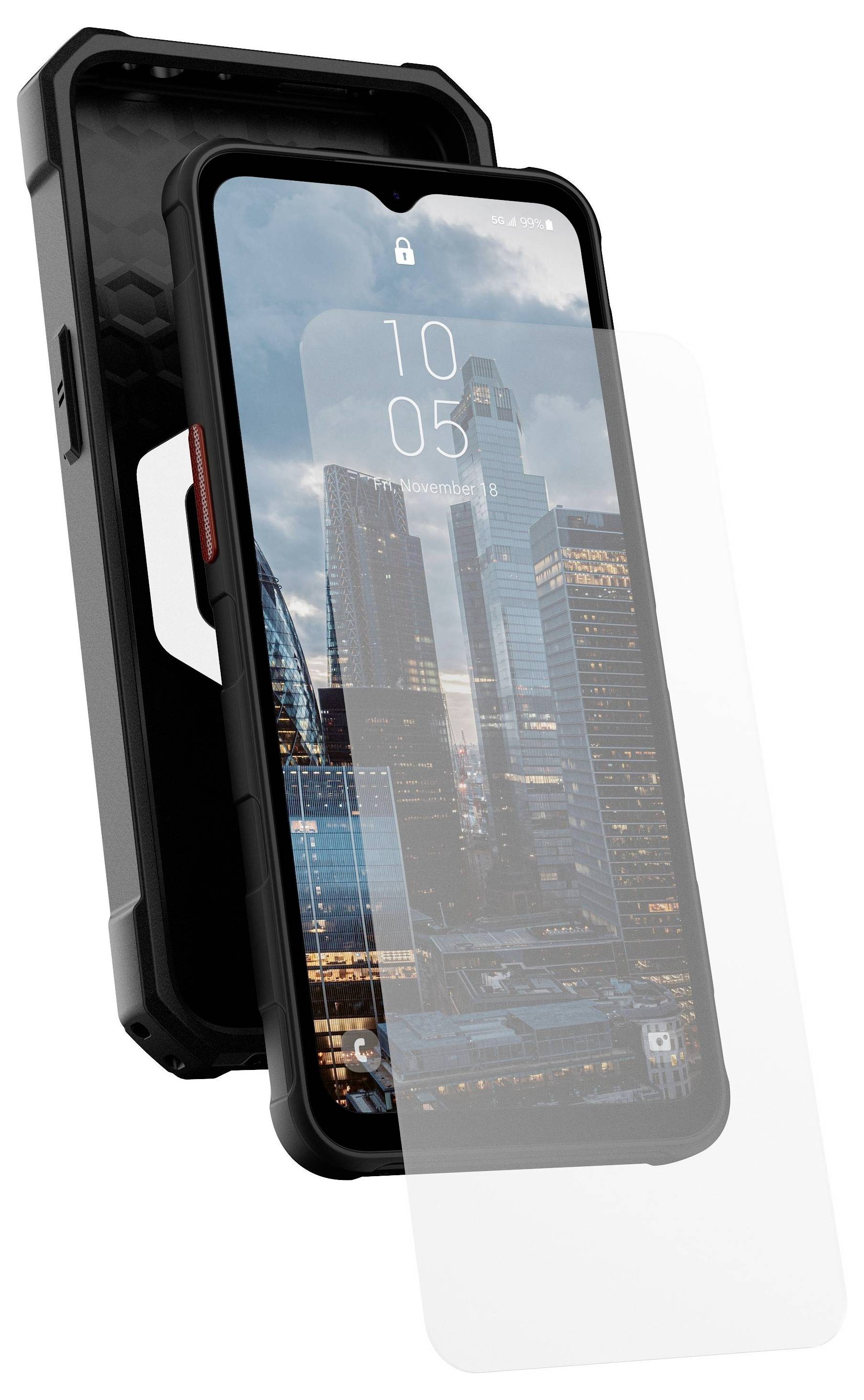 Ein Smartphone in einer robusten Schutzhülle mit einem dünnen, transparenten Displayschutz. Der Bildschirm zeigt eine Stadtlandschaft.