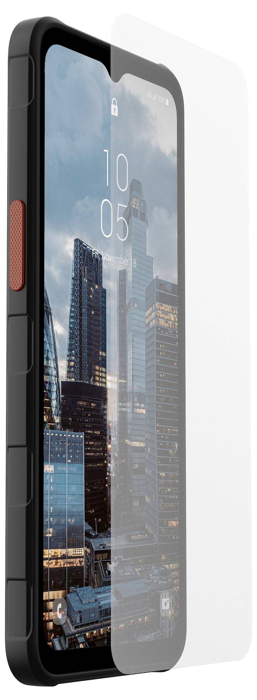 Smartphone mit einer Stadtlandschafts-Hintergrundgrafik, teilweise von einer transparenten Displayschutzfolie verdeckt.