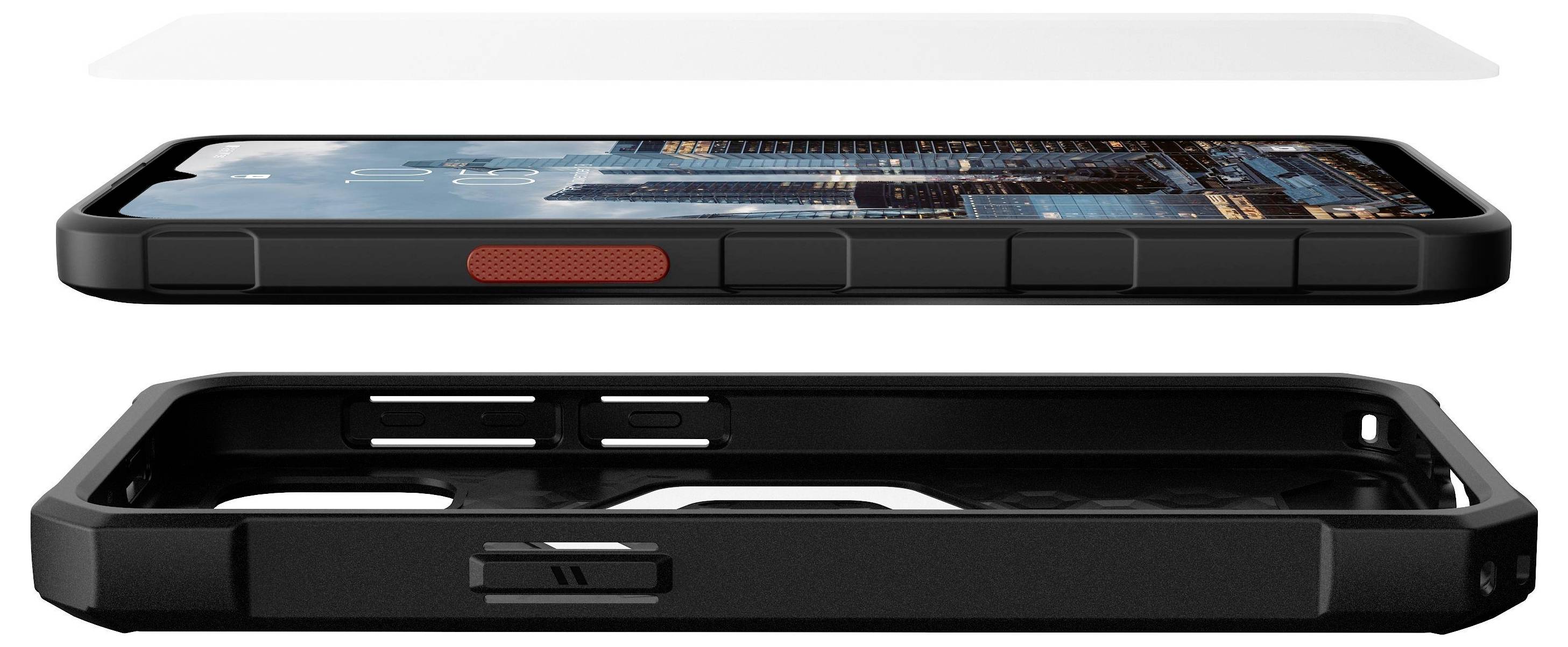 Eine Smartphone-Hülle mit schwarzem Rahmen und rotem Knopf wird gezeigt. Das Telefon im Inneren zeigt eine Stadtsilhouette. Die Hülle besteht aus drei Schichten.