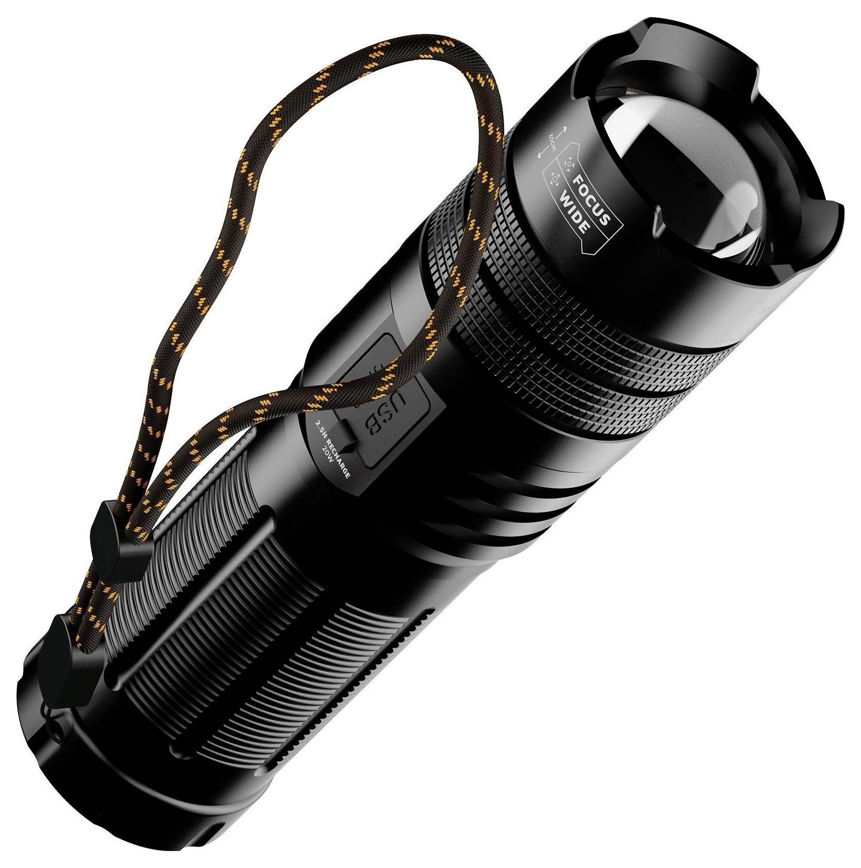 Eine schwarze Taschenlampe mit strukturiertem Griff und verstellbarem Fokussierobjektiv, an deren Ende eine geflochtene Schlaufe angebracht ist.
