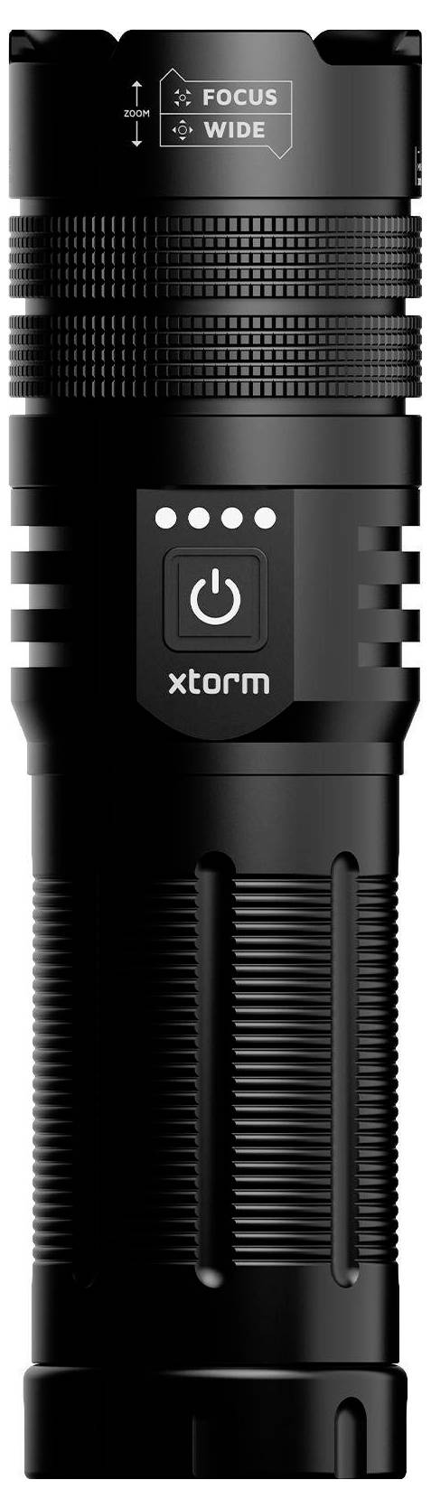 Eine schwarze Taschenlampe mit Griffstruktur, mit einer Schaltfläche mit der Aufschrift „xtorm