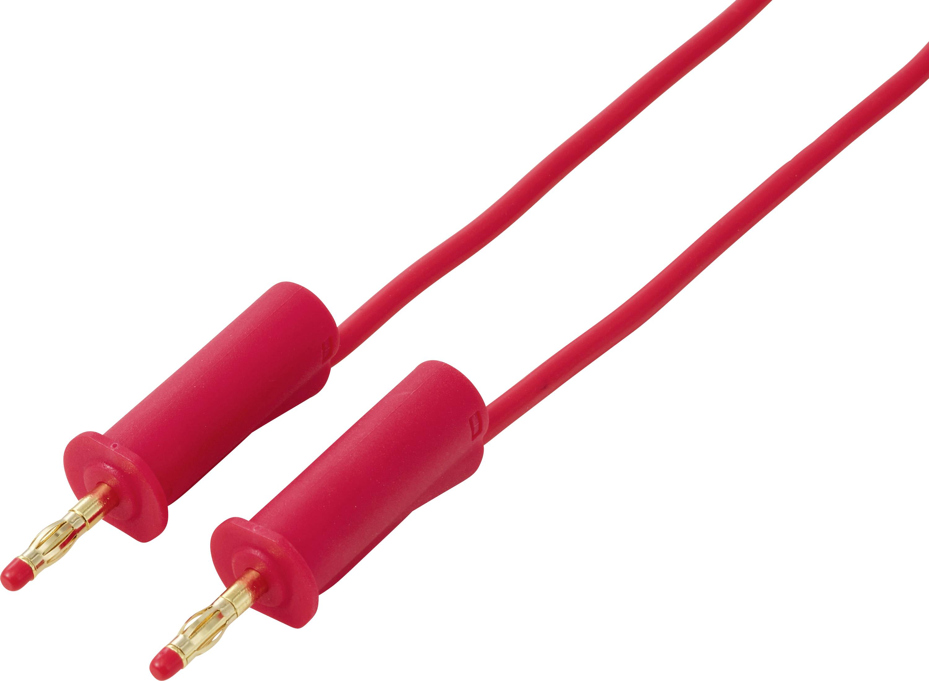 Zwei rote Bananenstecker-Testleitungen mit isolierten zylindrischen Enden und freiliegenden Goldverbindern auf weißem Hintergrund.