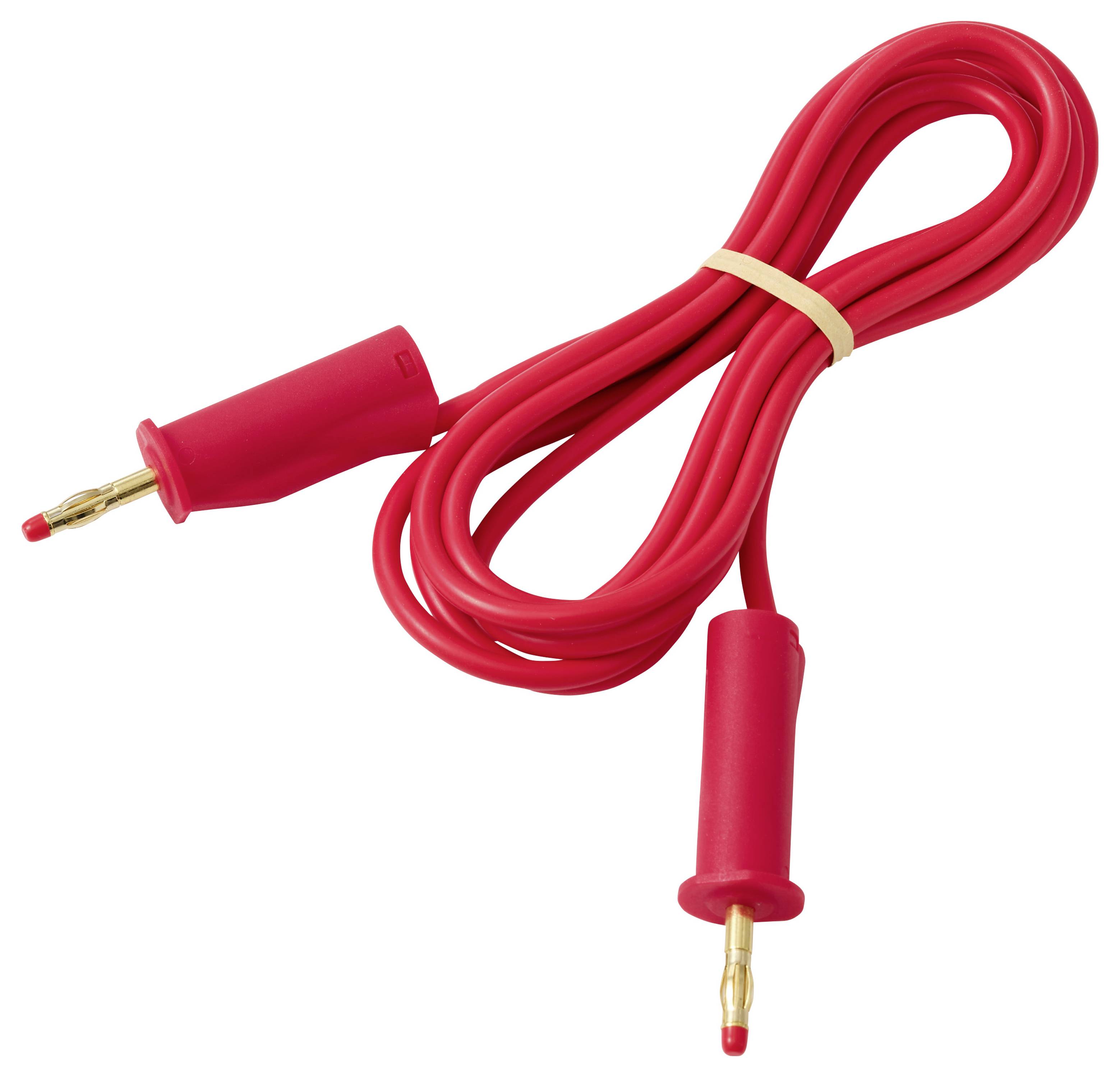 Rotes isoliertes Elektroprüfkabel mit Bananensteckern an beiden Enden, aufgerollt und gebunden auf weißem Hintergrund.