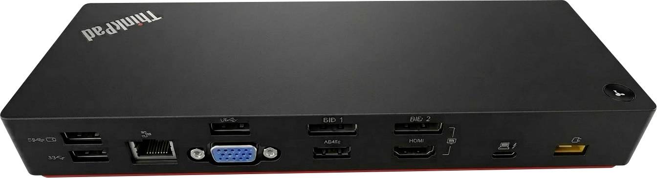 Eine schwarze Dockingstation mit mehreren Anschlüssen, einschließlich USB, HDMI, Ethernet, VGA und einen Stromanschluss, entwickelt zur Erweiterung der Konnektivität.