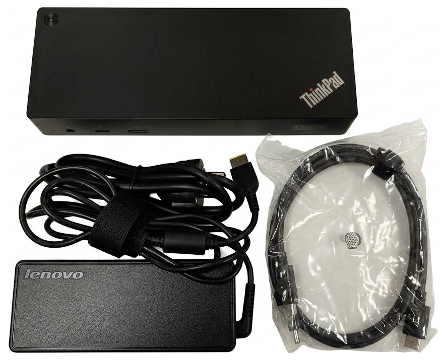 Lenovo ThinkPad Dockingstation mit Netzteil und HDMI-Kabel auf weißem Hintergrund. Unverzichtbar zum Anschluss von Peripheriegeräten.