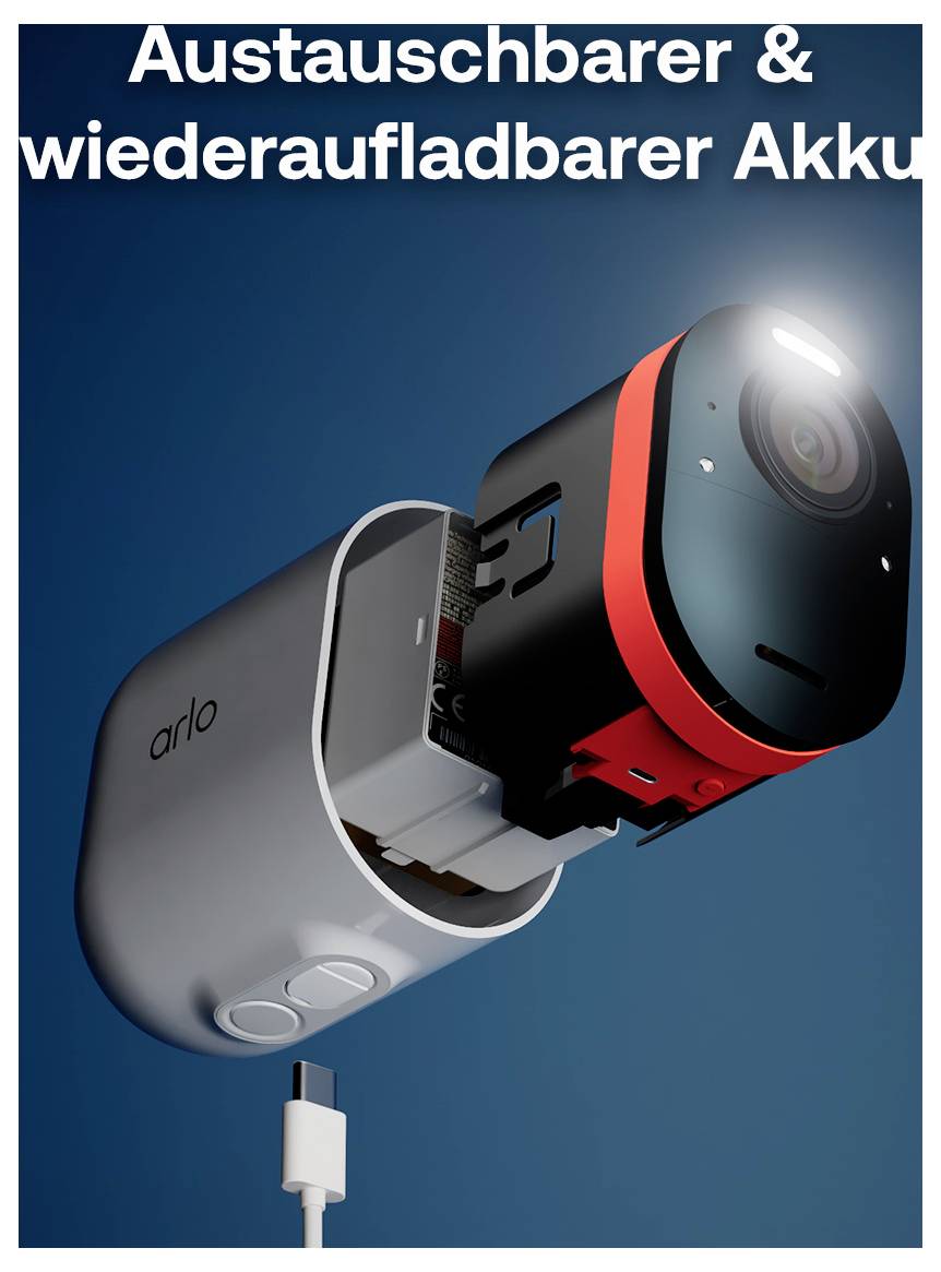 3D-gerenderte Arlo-Sicherheitskamera mit austauschbarem, wiederaufladbarem Akku; deutscher Text lautet „Austauschbarer & wiederaufladbarer Akku