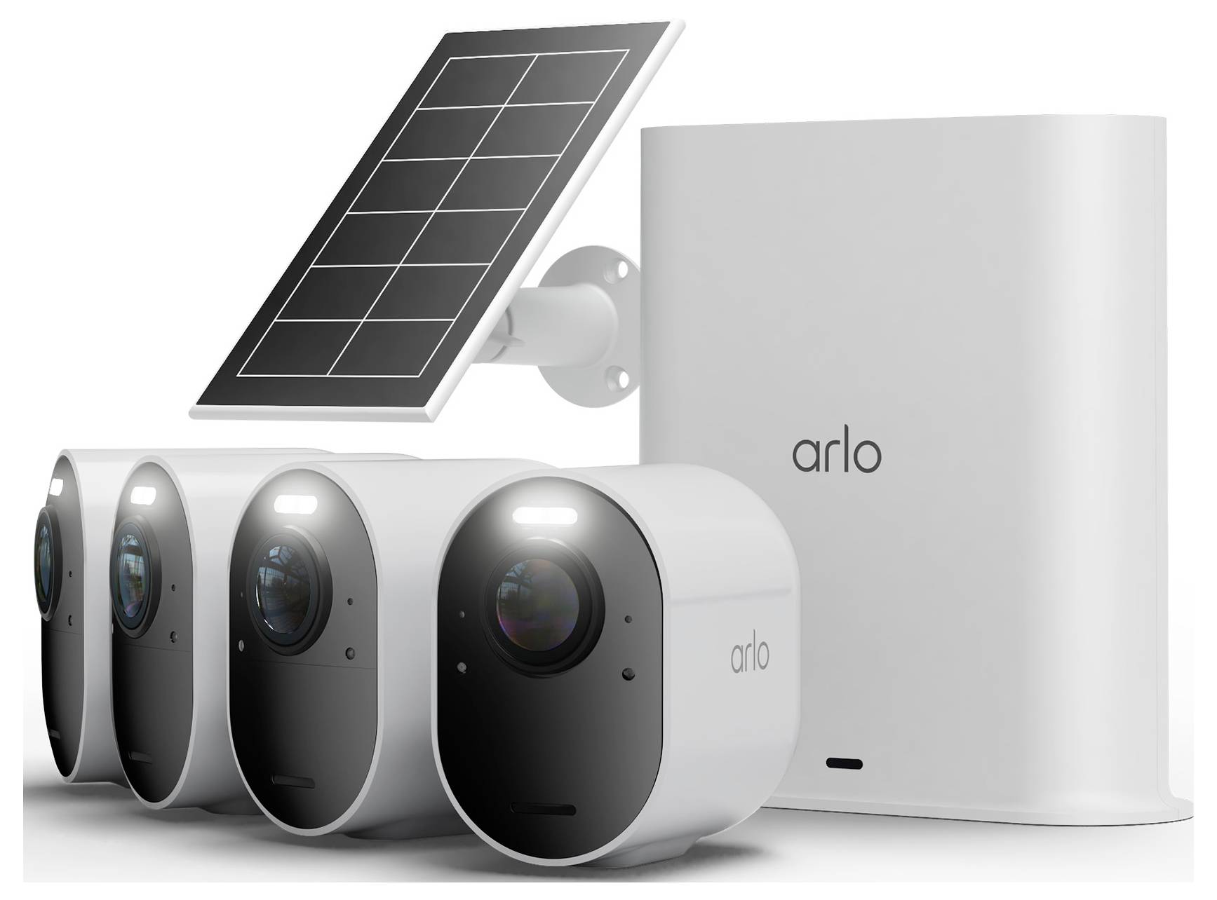 Arlo drahtloses Sicherheitskamerasystem mit vier Außenkameras, einer Basisstation und einem Solarladegerät.
