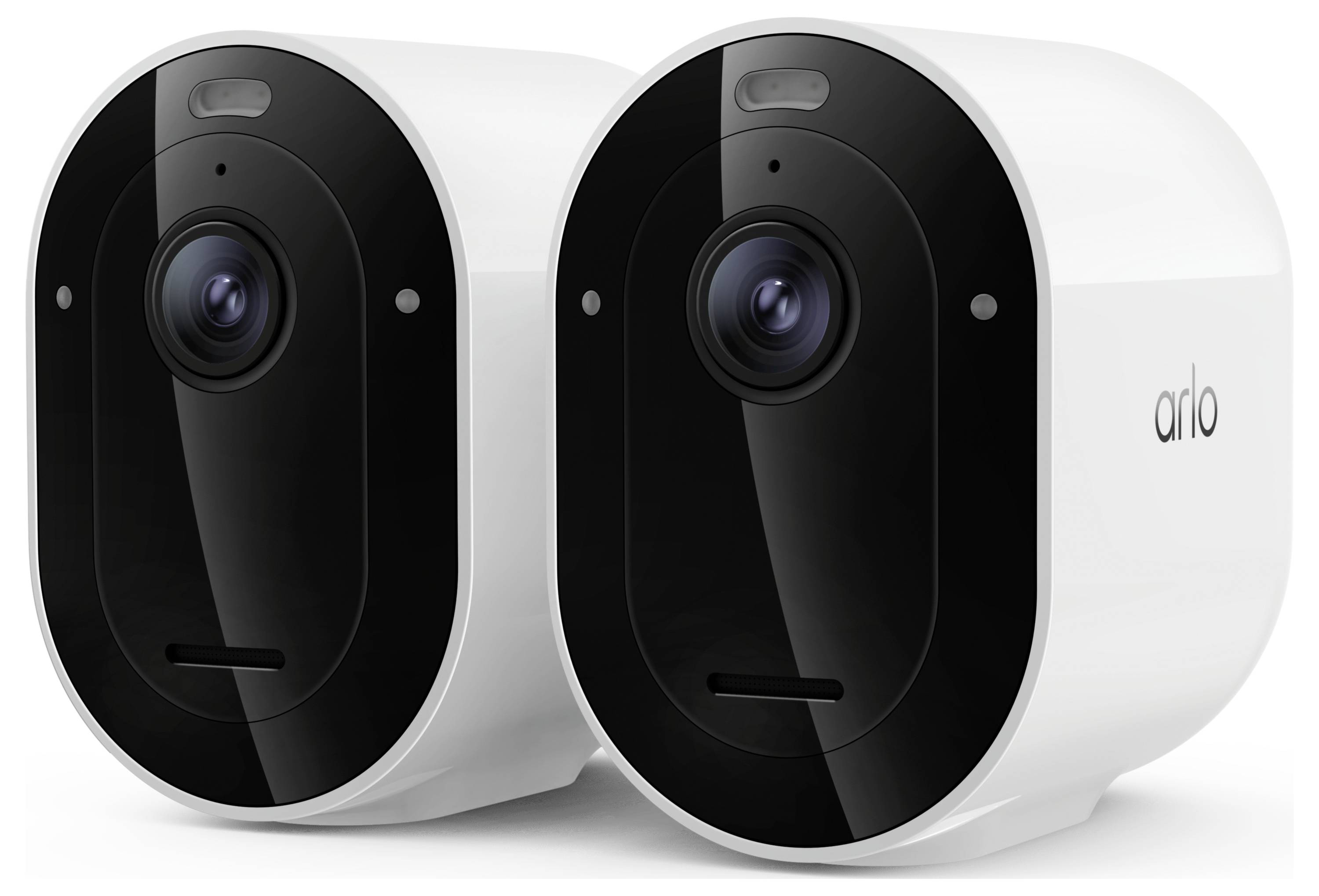 Zwei weiße Arlo-Sicherheitskameras mit schwarzen Frontlinsen, nebeneinander auf einem einfachen Hintergrund dargestellt.