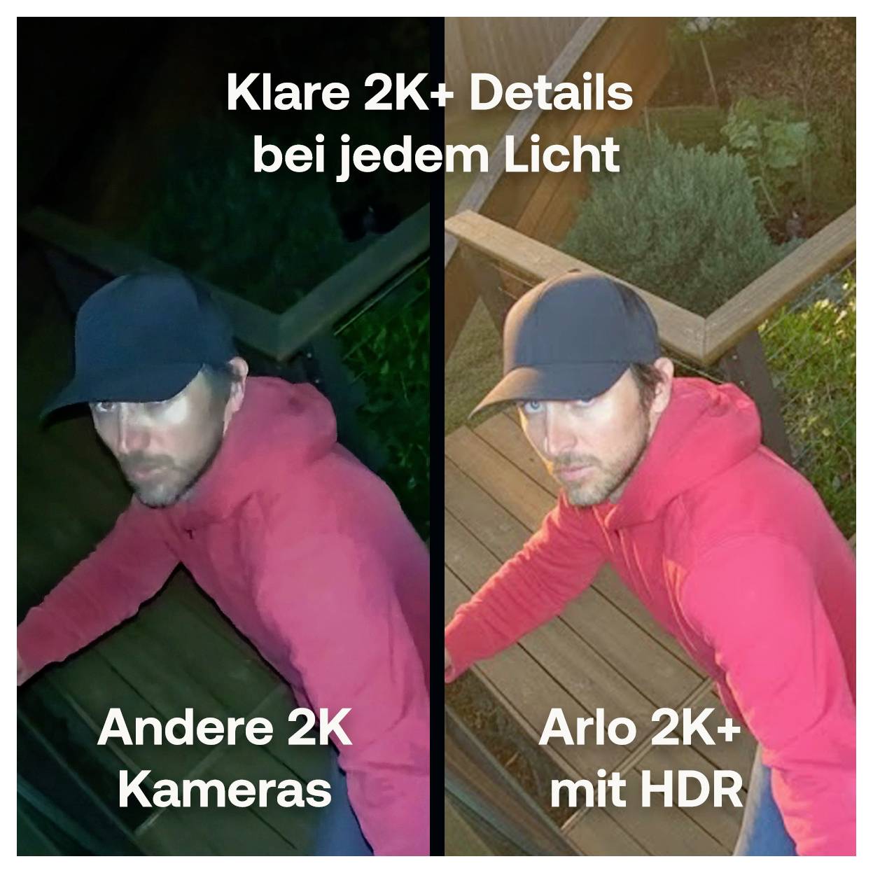 Geteilte Bildschirmdarstellung eines Mannes auf einem Deck bei Nacht: links „Andere 2K Kameras
