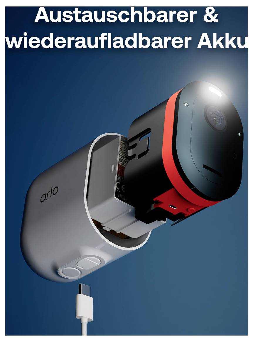 Illustration einer Arlo-Sicherheitskamera mit auswechselbarem, wiederaufladbarem Akku, dargestellt mit einem Ladekabel und deutschem Text „Austauschbarer & wiederaufladbarer Akku