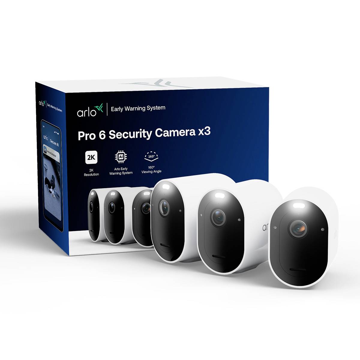 Karton mit Arlo Pro 6 Sicherheitskamera x3 mit fünf schwarzweißen Außenkameras vorne angezeigt, zeigt 2K-Auflösung und Frühwarnungssystemfunktionen.