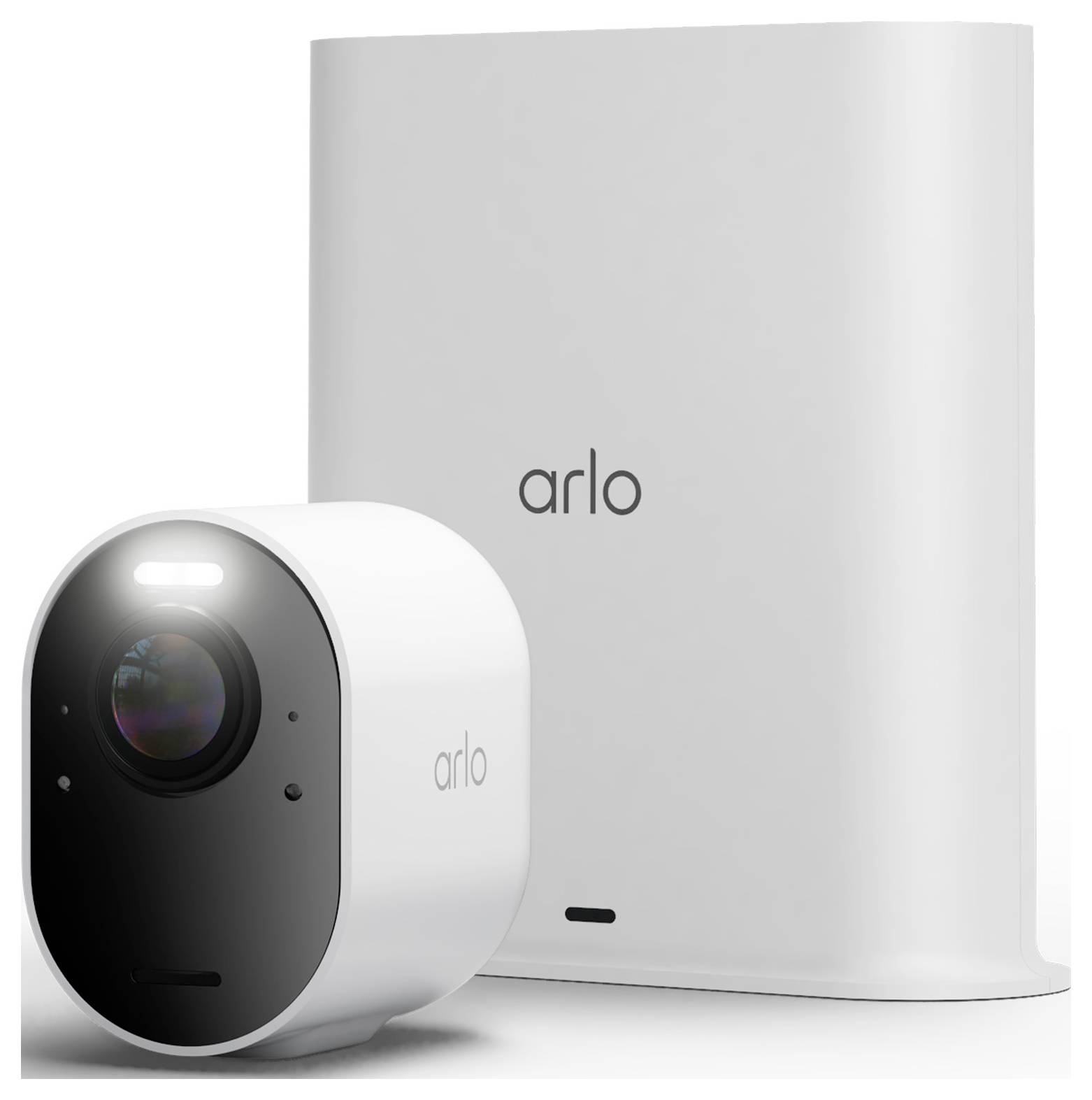 Arlo-Sicherheitskamera mit Ladestation/Basisstation, dargestellt in weißer und schwarzer Produktansicht.