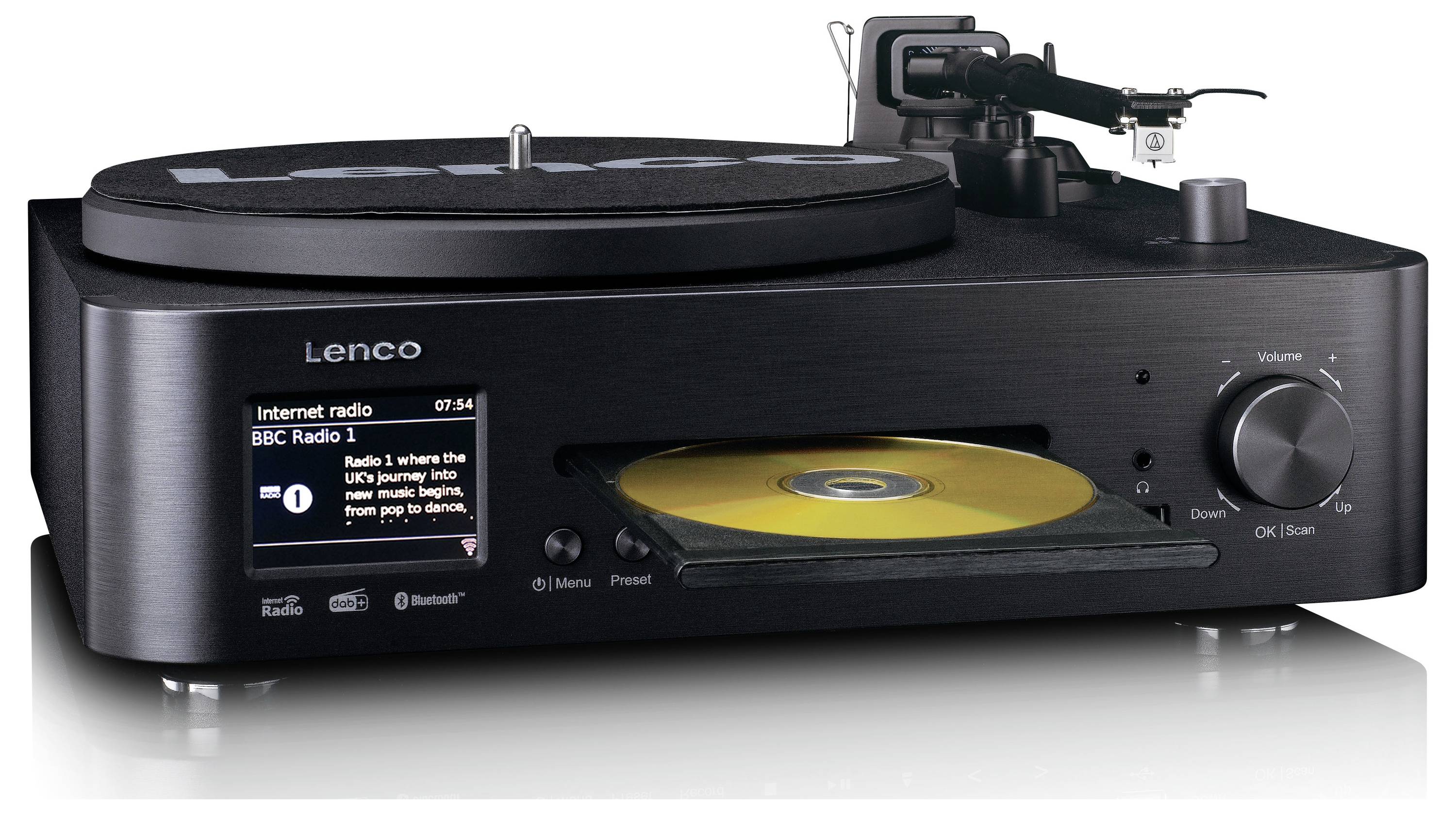 Ein schwarzer Plattenspieler mit einem digitalen Display, das „Internet radio BBC Radio 1