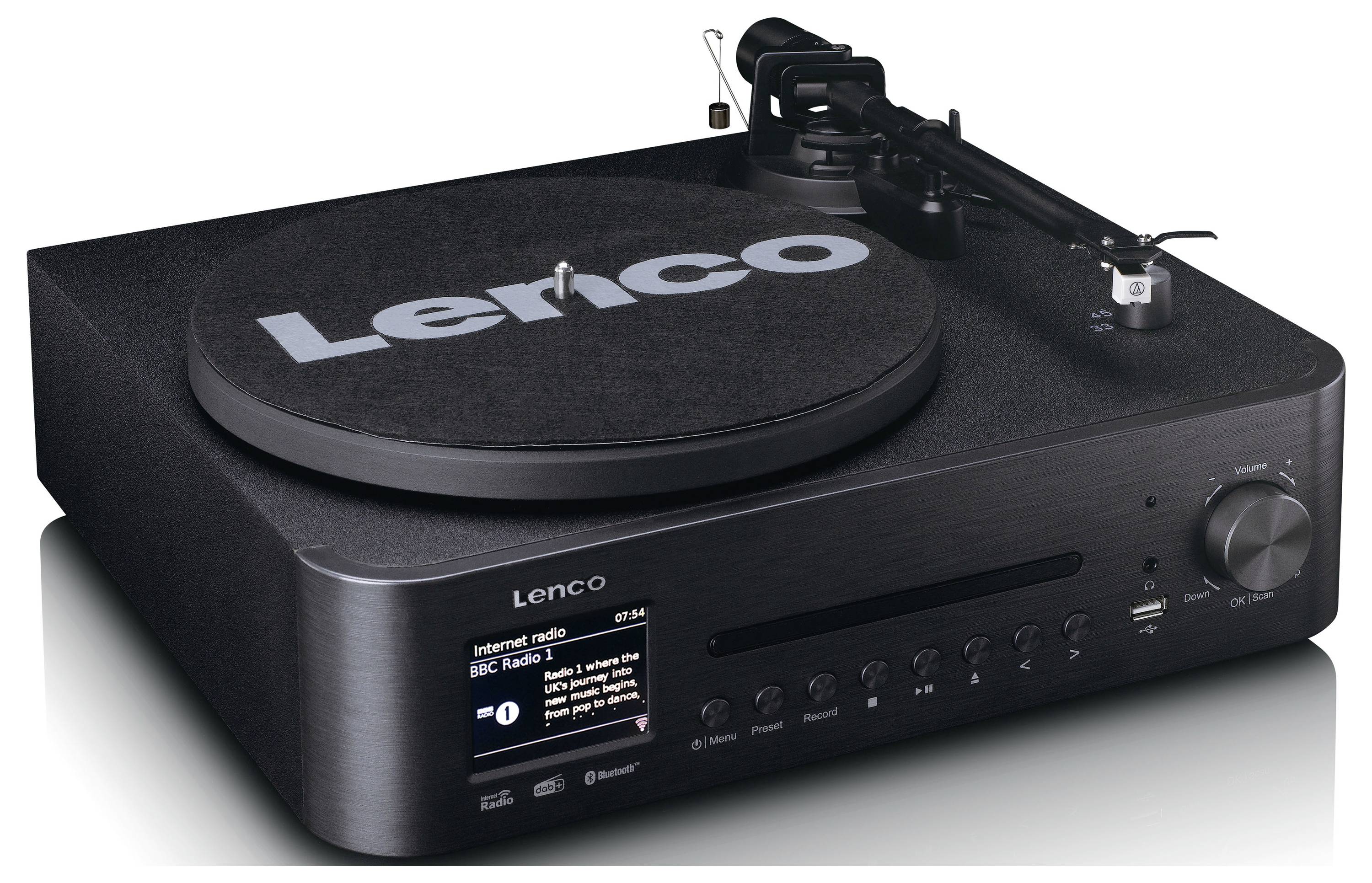 Ein schwarzer Plattenspieler mit Radio und CD-Player, mit 