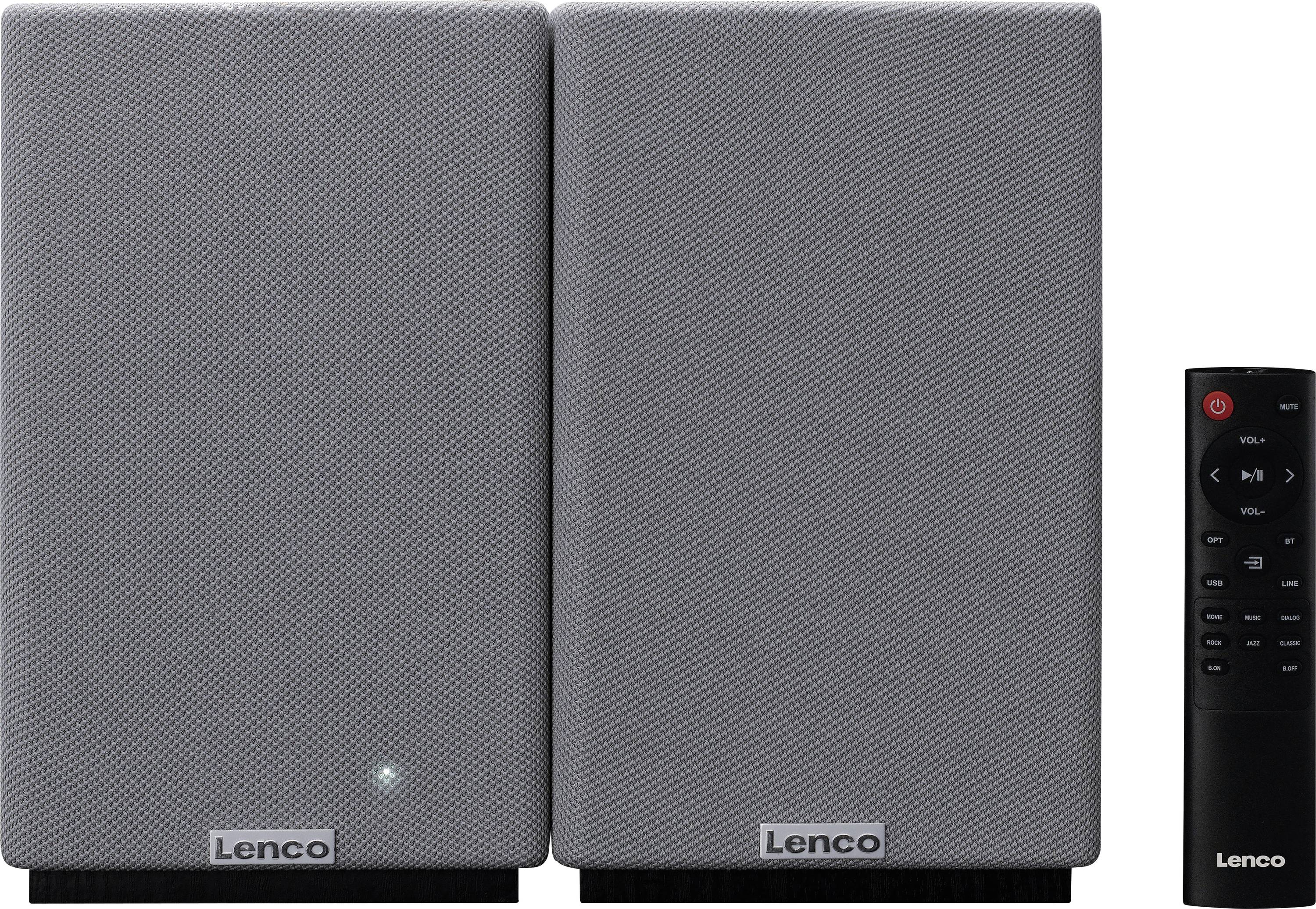 Zwei graue Lenco-Lautsprecher nebeneinander, mit einer kleinen Fernbedienung rechts daneben. Die Anordnung befindet sich auf einer reflektierenden weißen Oberfläche.
