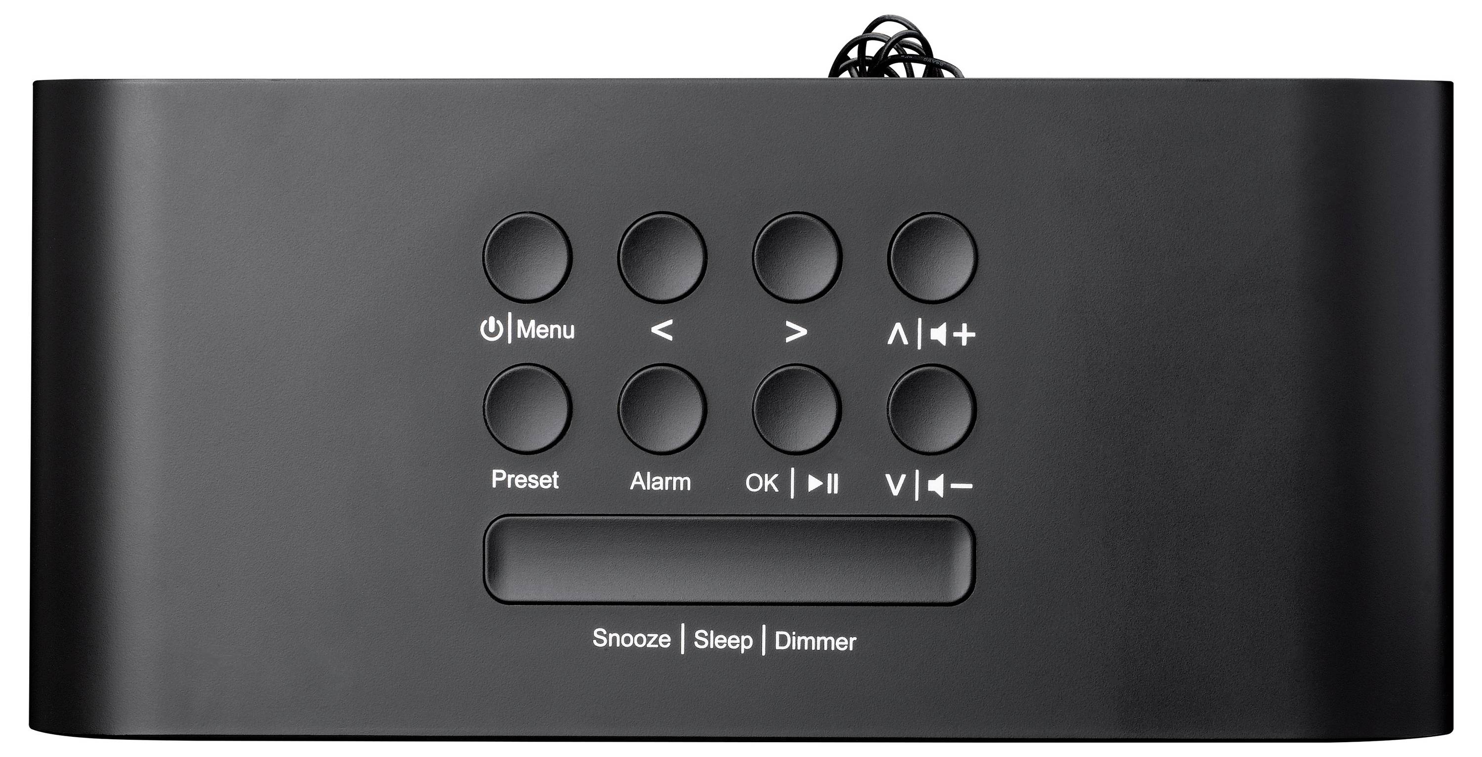 Ein schwarzes elektronisches Gerät mit Tasten mit den Bezeichnungen: 'Menü', Richtungspfeile, '|◄◄', '►', '►|', '+', '-'. Darunter befinden sich 'Schlummern', 'Schlaf', 'Dimmer'.