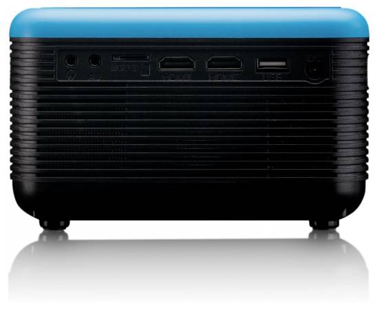 Eine Nahaufnahme eines schwarzen elektronischen Geräts mit blauer Oberseite, das verschiedene Anschlüsse wie HDMI, USB und einen DC-Eingang an der Seite aufweist.