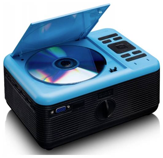 Ein tragbarer CD-Player in Schwarz und Blau mit geöffnetem Deckel, der eine CD im Innern zeigt. Das Gerät verfügt über ein Bedienfeld und einen Lautsprecher.