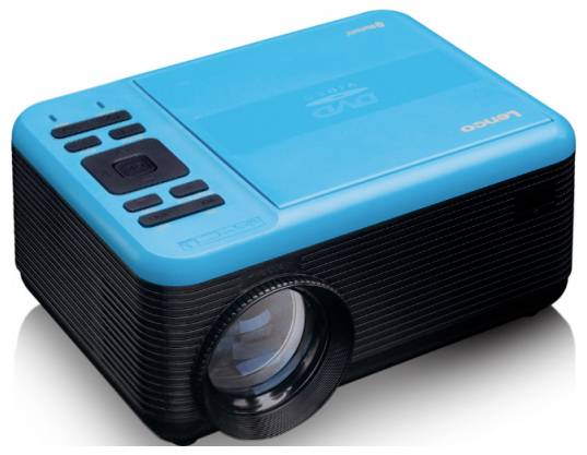 Ein kompakter, schwarz-blauer Projektor mit großem Objektiv, mit Tasten oben zur Steuerung.