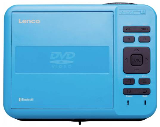 Tragbarer blauer DVD-Player mit Bedienfeld, ausgestattet mit Wiedergabe-, Lautstärke- und Netzschaltern. Lenco-Branding und Bluetooth-Logo sind sichtbar.