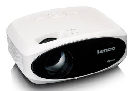 Ein weißer Projektor mit schwarzem Frontpaneel, gekennzeichnet mit „Lenco