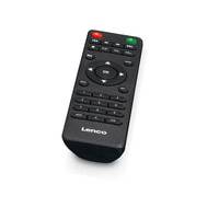 Eine schwarze Fernbedienung mit roten, grünen und schwarzen Tasten. Der Markenname „Lenovo