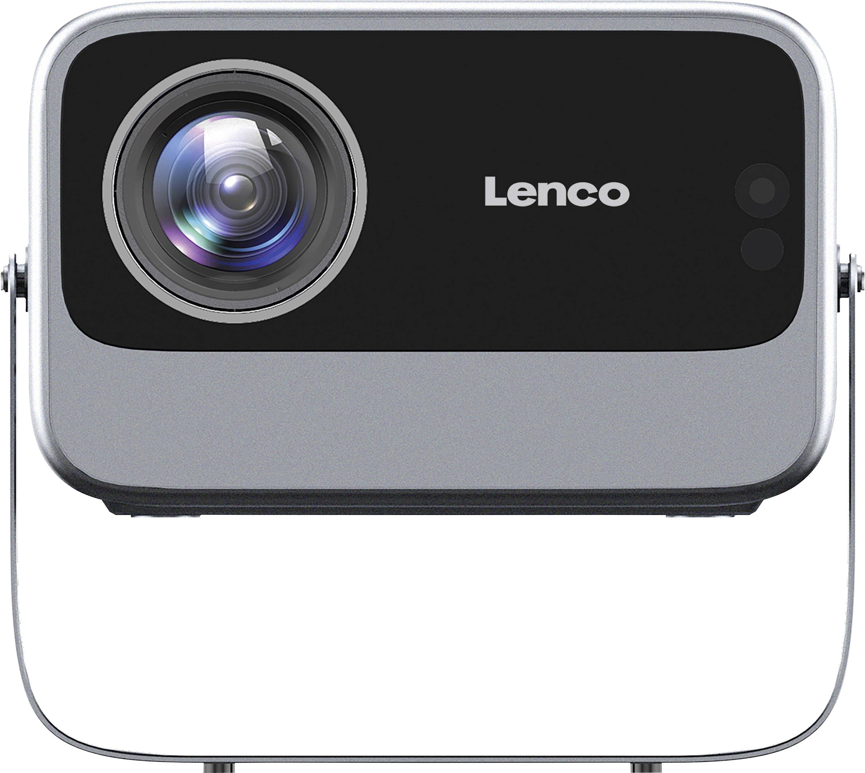 Ein silber- und schwarzer Lenco-Projektor mit prominentem Objektiv und robustem Sockel, entworfen für den Heim- oder Bürogebrauch.