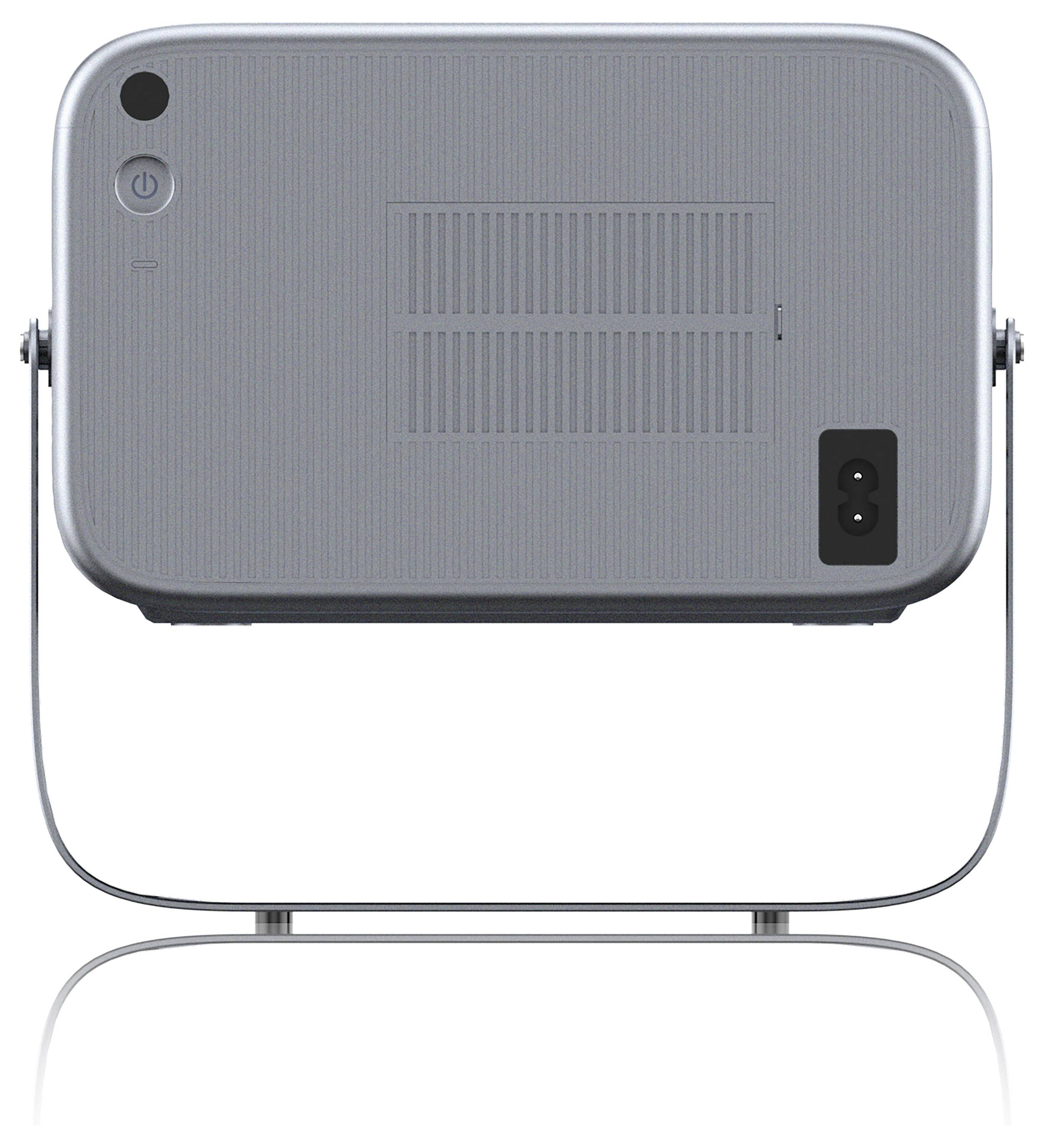 Ein metallisches Gerät mit Griff und Belüftungsgitter, von der Seite betrachtet. Es verfügt über einen Netzschalter und einen Stromeingangsanschluss.