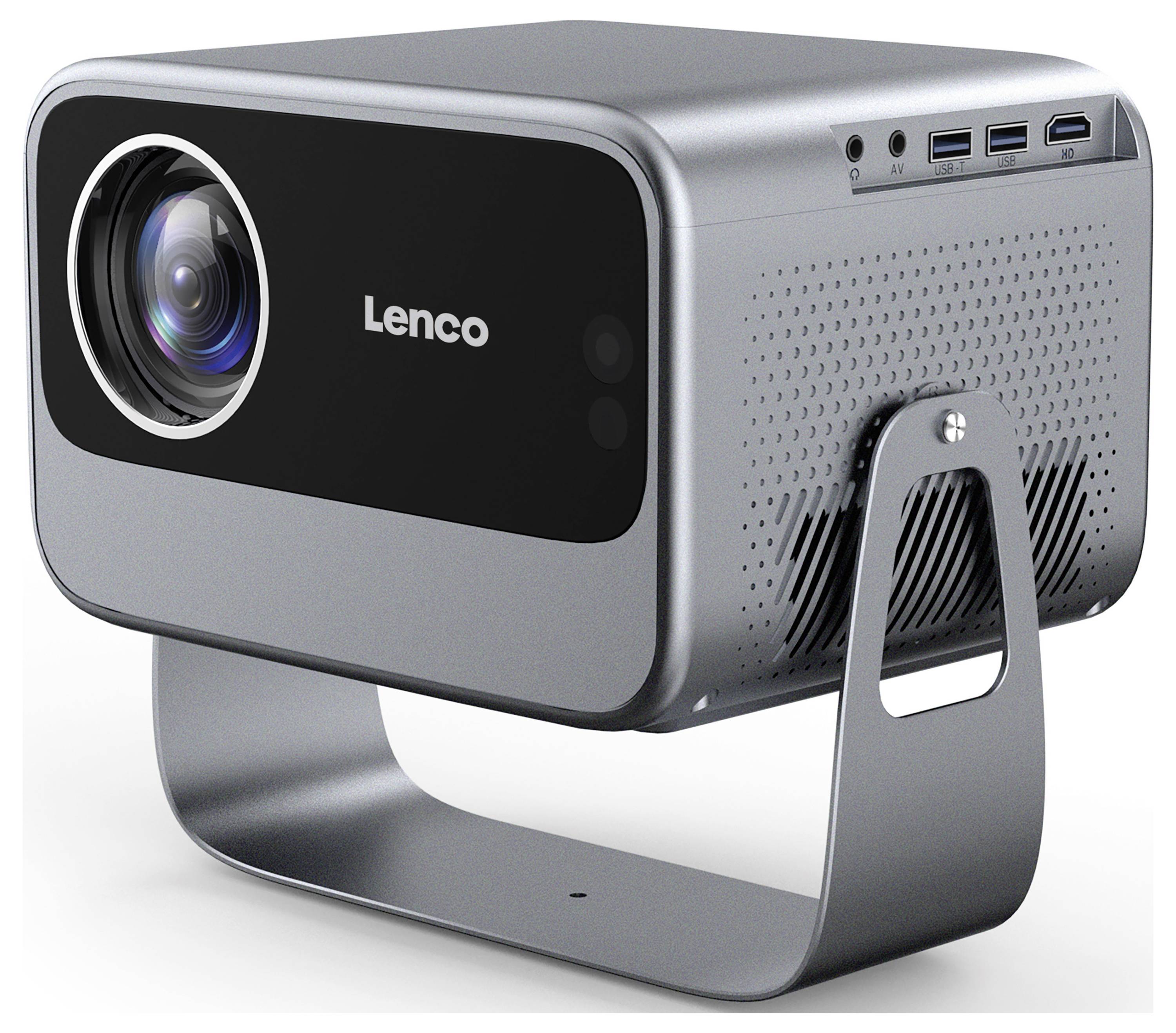 Ein schlanker, moderner Beamer mit großem Objektiv und metallischem Gehäuse, mit USB-Anschlüssen oben und einem robusten, verstellbaren Ständer.