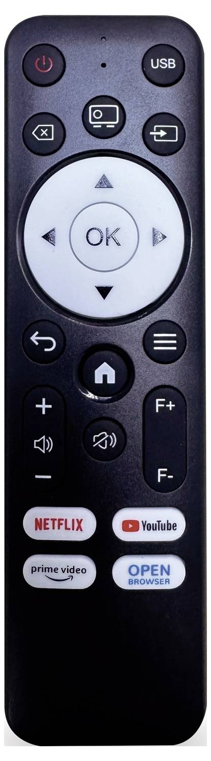 Eine schwarze Fernbedienung für den Fernseher verfügt über Tasten zur Navigation, Lautstärkeregelung und direktem Zugriff auf Streaming-Dienste wie Netflix, YouTube und Prime Video.